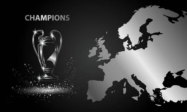 Champions Cup s mapou. Chromovaná fotbalové trofeje. — Stockový vektor