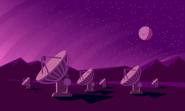Os radiotelescópios localizam as estrelas à noite. Ilustração de estilo plano com antenas parabólicas —  Vetores de Stock