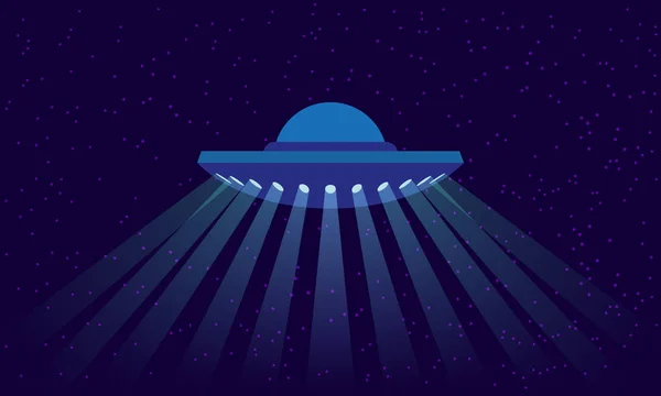 Ufo mit Lichtstrahlen auf dem Weltraum-Hintergrund. Illustration eines außerirdischen Raumschiffs im flachen Stil. — Stockvektor
