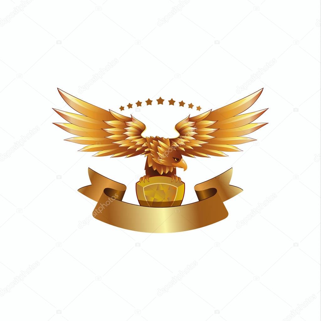 Golden Eagle emblem with ribbon. Heraldic eagle with spread wings template and the jewel in its claws.