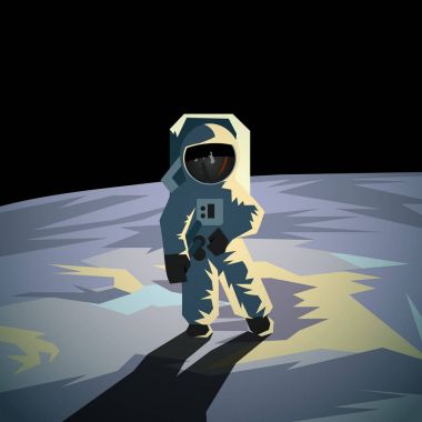 Ay yüzeyinde astronot. Düz Geometrik Uzay illüstrasyon.