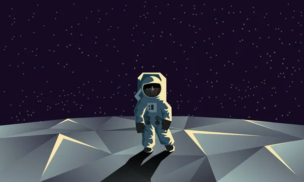 Astronaute sur la surface polygonale de la lune. Illustration de l'espace géométrique plat . — Image vectorielle