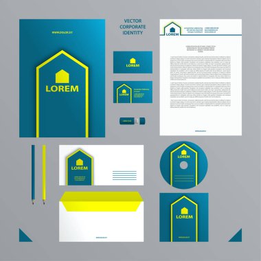 Kurumsal Kimlik iş şablonu. Bir klasör, boş, kapak, kartvizit marka kümesiyle renk mavi ve limon.