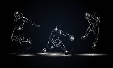 Basketbolcular ayarlayın. Metalik linearbasketball oyuncu gösterim amacıyla spor afiş, arka plan ve el ilanı.