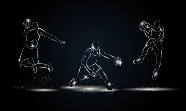 Basketballer legen los. Metallic Linearbasketballspieler Illustration für Sportbanner, Hintergrund und Flyer. — Stockvektor