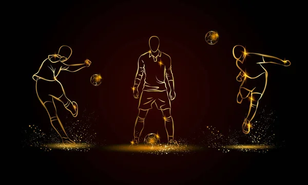 サッカー選手を設定します。スポーツ バナー、背景およびチラシの黄金の線形サッカー選手イラスト. — ストックベクタ
