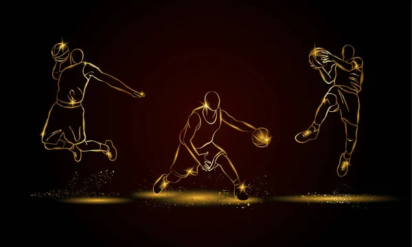 Jugadores de baloncesto listos. Ilustración de jugador de baloncesto lineal dorado para banner deportivo, fondo y volante . — Vector de stock