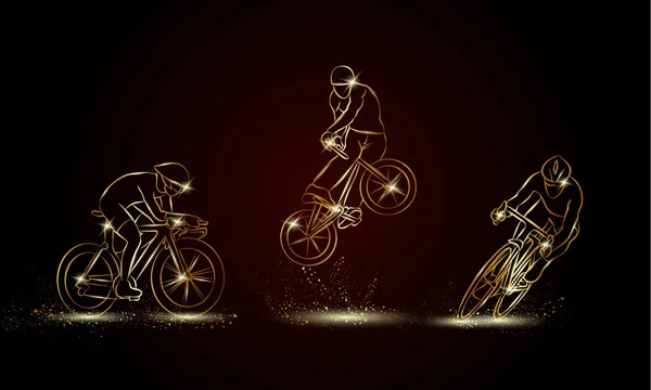 Ciclista e bicicleta esporte conjunto. Ilustração linear dourada da raça do ciclismo para a bandeira do esporte, fundo e folheto . —  Vetores de Stock