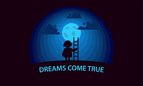 Τα όνειρα γίνονται πραγματικότητα. Παιδί με μια σκάλα στο φεγγάρι φόντο. Επίπεδη στυλ εννοιολογική απεικόνιση. — Διανυσματικό Αρχείο