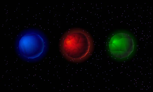 Mnohoúhelník sphere logo sada. Low Poly ikony planet na hvězdném pozadí. Abstraktní geometrické polygonální kruhy na černém pozadí. — Stockový vektor