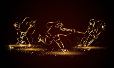 Hokey oyuncuları ayarlayın. Altın doğrusal hokey oyuncu gösterim amacıyla spor afiş, arka plan ve el ilanı.