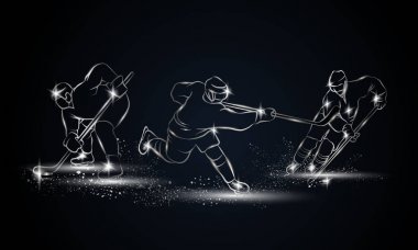 Hokey oyuncuları ayarlayın. Metalik doğrusal hokey oyuncu gösterim amacıyla spor afiş, arka plan ve el ilanı.