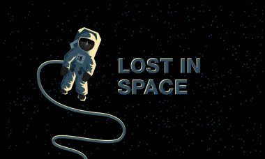 Astronot uzayda. Uzayda kaybolmuş. Düz konsept illüstrasyon.