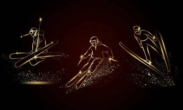 Skifahrer setzen ein. Goldene lineare Skisport-Illustration für Sportbanner, Hintergrund und Flyer. — Stockvektor