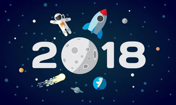 Rovné plochy téma ilustrace pro kalendář. Astronaut a raketa na měsíc pozadí. Šťastný nový rok 2018 pokrýt, plakát, leták. — Stockový vektor