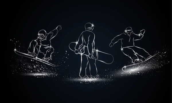 Set de snowboarder. Ilustración deportiva de snowboard lineal cromado para banner deportivo, fondo y volante . — Archivo Imágenes Vectoriales