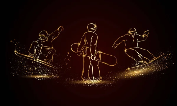 Arany snowboardos beállítása. Arany lineáris snowboard sport illusztráció a sport banner, a háttér és a szórólap. — Stock Vector