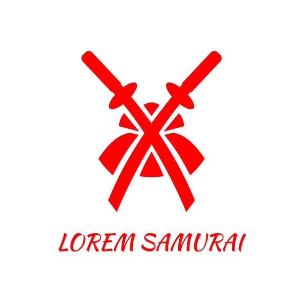 Deux épées croisées et un casque de samouraï. Modèle de logo abstrait rouge . — Image vectorielle