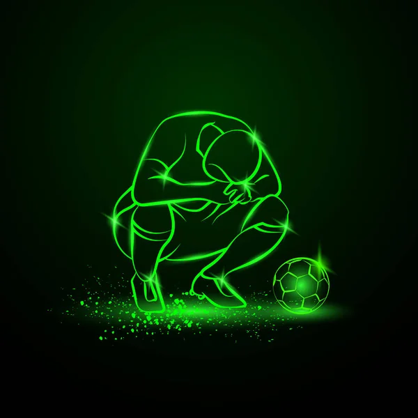 Chudák fotbalista si dřepl na zadek a sklonil hlavu. Zelené neon sport ilustrace. — Stockový vektor