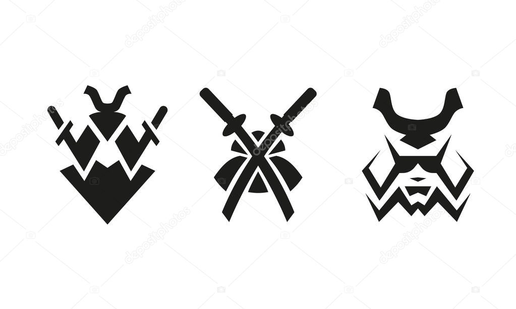 Samurai and swords. Abstract black and white logo set.