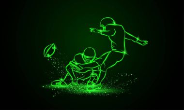 Amerikan futbolu Kicker topa vurur. Yeşil Neon spor vektör çizim.