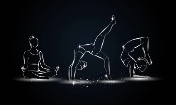 瑜伽体式设置。体育横幅, 背景和传单的金属线性瑜伽插图. — 图库矢量图片