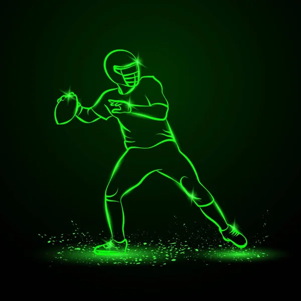 アメリカン フットボールのクォーター バックはボールを投げます。緑のネオン スポーツ ベクトル図. — ストックベクタ