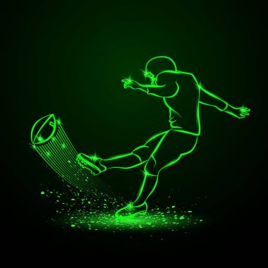 Amerikan futbolu kicker topa vurur. Yeşil neon spor arka plan.