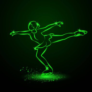 Artistik Patinaj neon illüstrasyon. Bir uzun bacaklı bir pozisyonda buzda bir kız dansları.