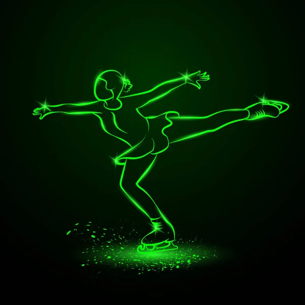 Eiskunstlauf Neon Illustration. ein Mädchen tanzt auf dem Eis in einer Position mit einem verlängerten Bein. — Stockvektor