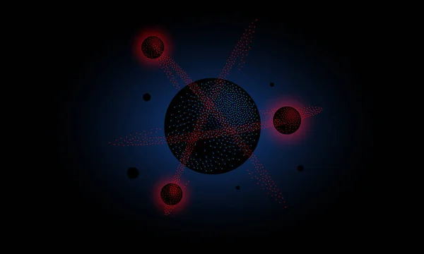 하프톤 빨간색 원자를 가진 3d 블랙 분자. Dotwork 과학 및 기술 배경. — 스톡 벡터
