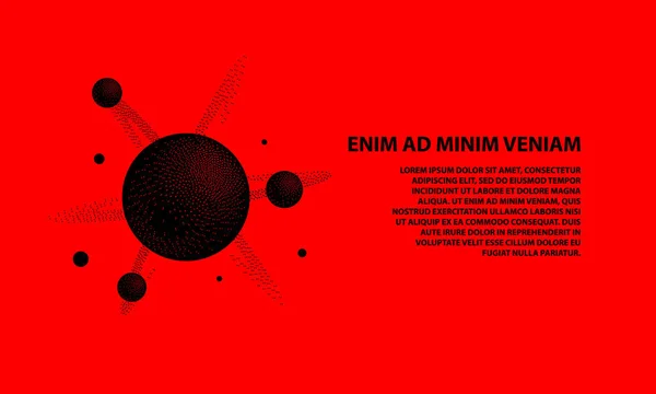 Halbton 3D schwarzes Molekül mit einem Kern und Atomen auf rotem Hintergrund. dotwork wissenschaft und technologie banner vorlage. — Stockvektor