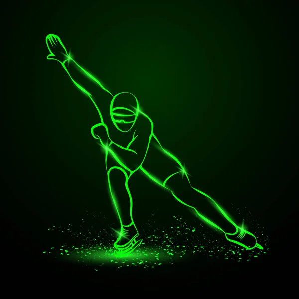 Pattinaggio di velocità. Illustrazione verde neon sport invernali . — Vettoriale Stock