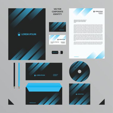 Kurumsal Kimlik iş şablonu. Satırları mavi Saydam Gradyan ile siyah tonlarda şirket stilini ayarla.