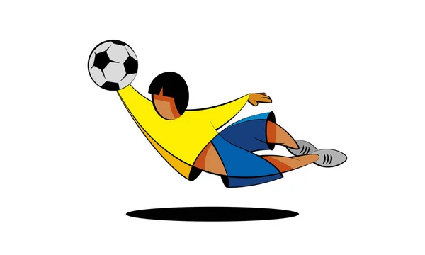 Gardien de but de football personnage attrape le ballon dans un saut. Joueur de football dessin animé en vêtements jaunes et bleus sur fond blanc . — Image vectorielle