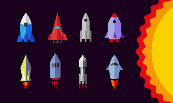 フラット ロケットを設定します。星の背景に宇宙船のアイコン。フラット スタイルの図. — ストックベクタ