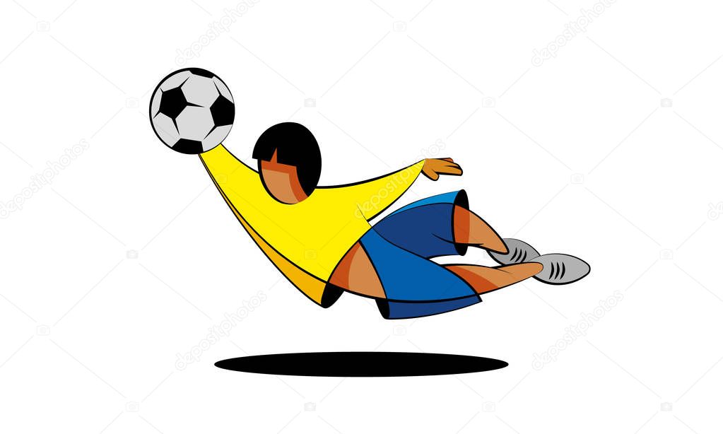 Soccer goalkeeper character catches the ball in a jump. Cartoon football player in yellow and blue clothes on a white background.