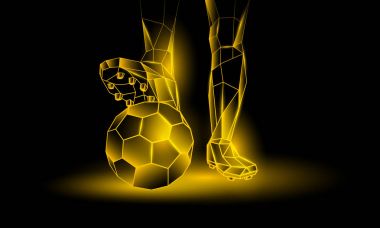 Futbol sarı neon arka plan. Bir futbolcu topa poligonal ayak.