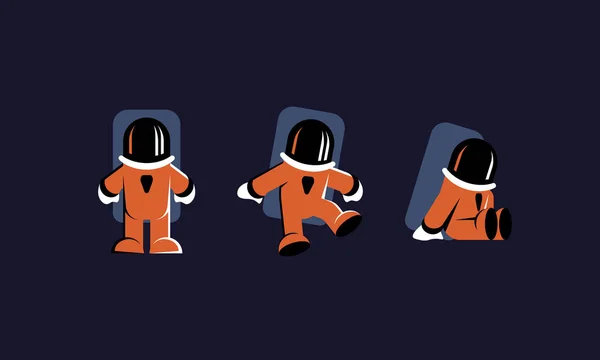 Astronauten-Zeichensatz. flache Astronautenfiguren im orangefarbenen Raumanzug. — Stockvektor