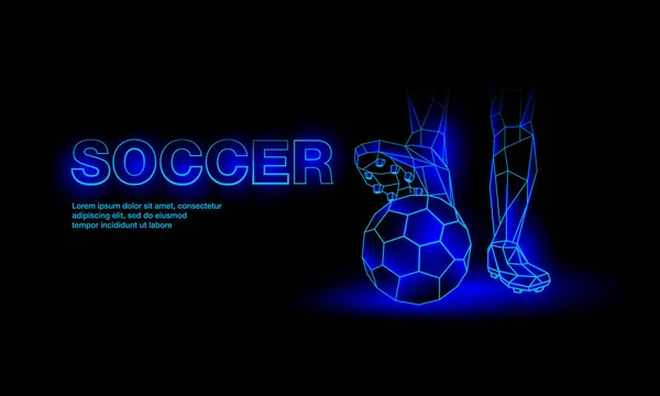 Fußballblaues Neonbanner. polygonaler Fuß eines Fußballers am Ball. — Stockvektor