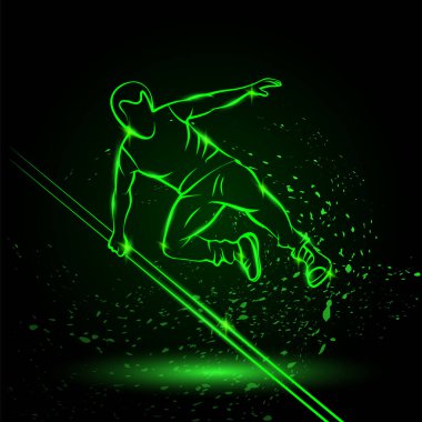 Parkour bir engelin üzerinden atladı. Siyah arkaplanda vektör yeşil neon spor illüstrasyonu.