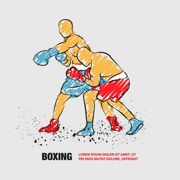 Boxer has hit and the opponent falls in knockout. Vector outline of boxing with scribble doodles. — Stock Vector