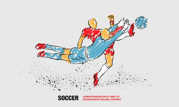 Fußballer und Torwart kämpfen um den Ball. Vektor-Umriss eines Fußballers mit Kritzeleien. — Stockvektor