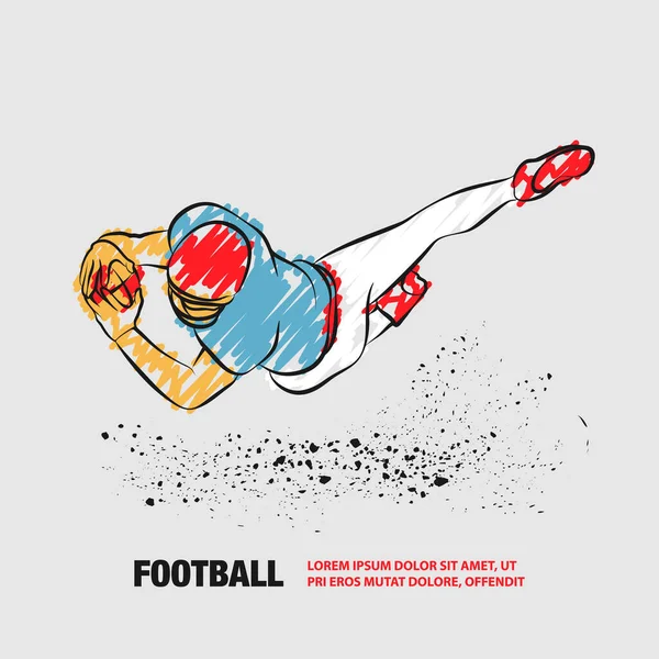 サッカー選手はジャンプでボールをキャッチします。スクリブルドア付きサッカー選手のベクトル概要. — ストックベクタ