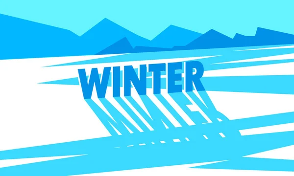 Paysage plat ensoleillé d'hiver. Texte bleu d'hiver avec une longue ombre sur une pente enneigée . — Image vectorielle