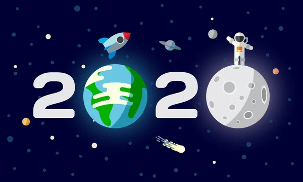 2020 년 - 우주 비행사가 달에 착륙하고 로켓을 장착 한 텍스트 디자인. 지구, 우주인, 달 과 함께 행복 한 새해 플랫 공간 삽화. — 스톡 벡터