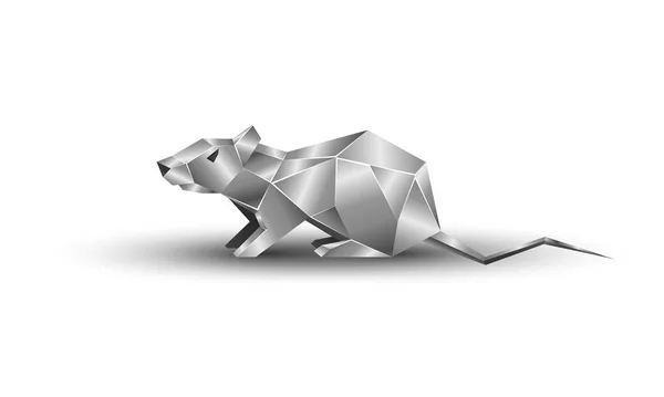 Weiße polygonale und metallene Ratte als Symbol des chinesischen Neujahrs. Vektor sitzende Maus mit Metallstruktur auf weißem Hintergrund als Einladungsvorlage für Silvesterparty. — Stockvektor