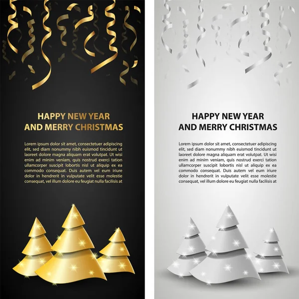Neujahrsbanner mit abstraktem goldenem Weihnachtsbaum und Serpentine. Gold-Weihnachtsbäume auf schwarz-weißem Hintergrund mit Platz für Text. — Stockvektor