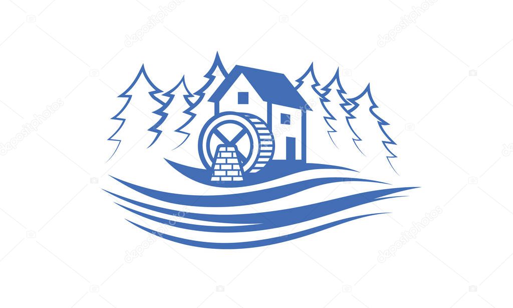 Water mill near the river and forest. Vector Blue Minimalistic Flat Illustration with a water mill.