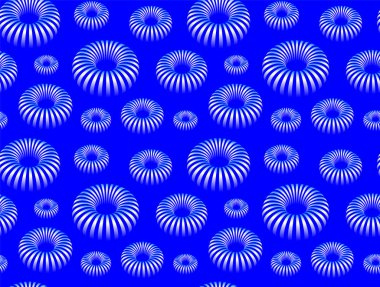 Çizgili Torus Çiçekleri Kusursuz Desen. Beyaz Geometrik Toroid Elementleri ile Mavi Soyut Arkaplan.
